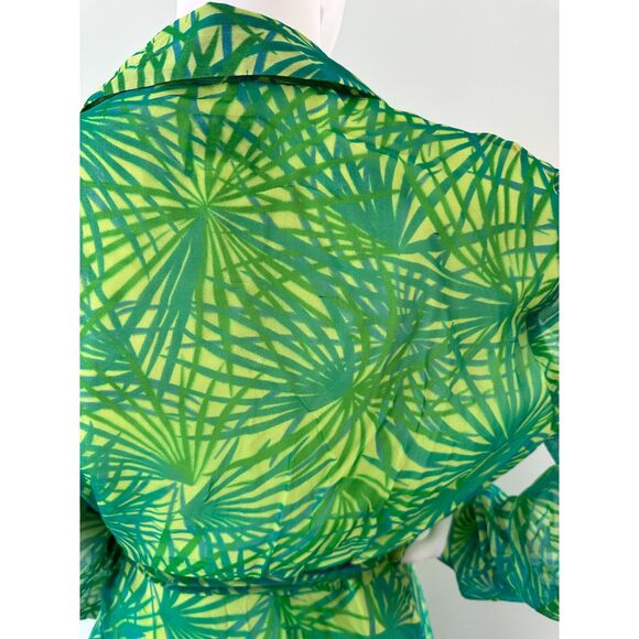 ICE Vintage Silk Wrap Dress Green Tropical Palm Print Chiffon Midi Summer Sz 12 - Picture 5 of 11